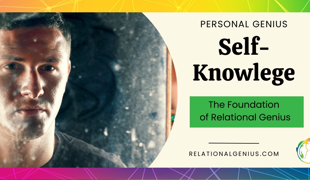 Title graphic with man looking in the mirror. Self-Knowledge, the Foundation of Relational Genius