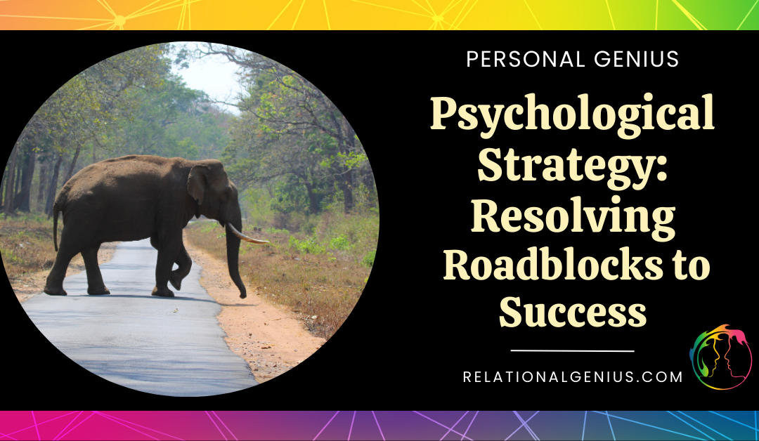 Psychological Strategy: Roadblocks to Success. Title graphic with picture of elephant blocking the road while crossing it.