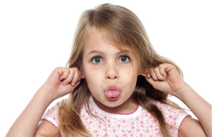 Image for Difficult People page of little girl pulling out both of her ears and sticking out her tongue.